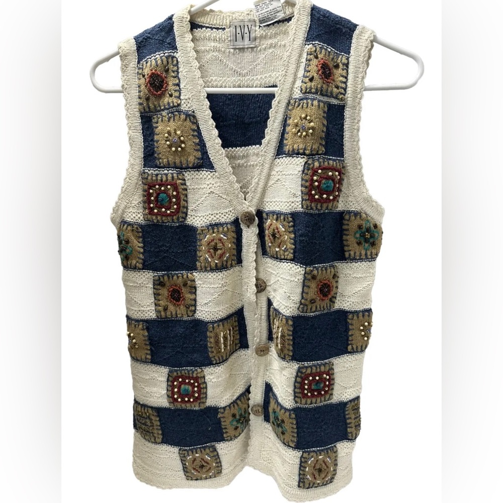 Ivy Wear Vintage Silk Blend Beaded Sweater Vest Embroidered